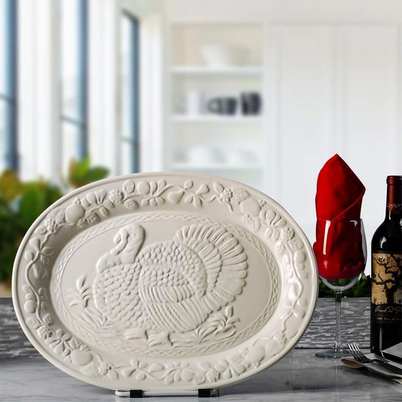 HSHQING طقم تقديم الديك الرومي لعيد الشكر - صينية سيراميك كبيرة للديك الرومي - حقنة لتبليل الديك الرومي - مثالية لعشاء العطلات - Image 4