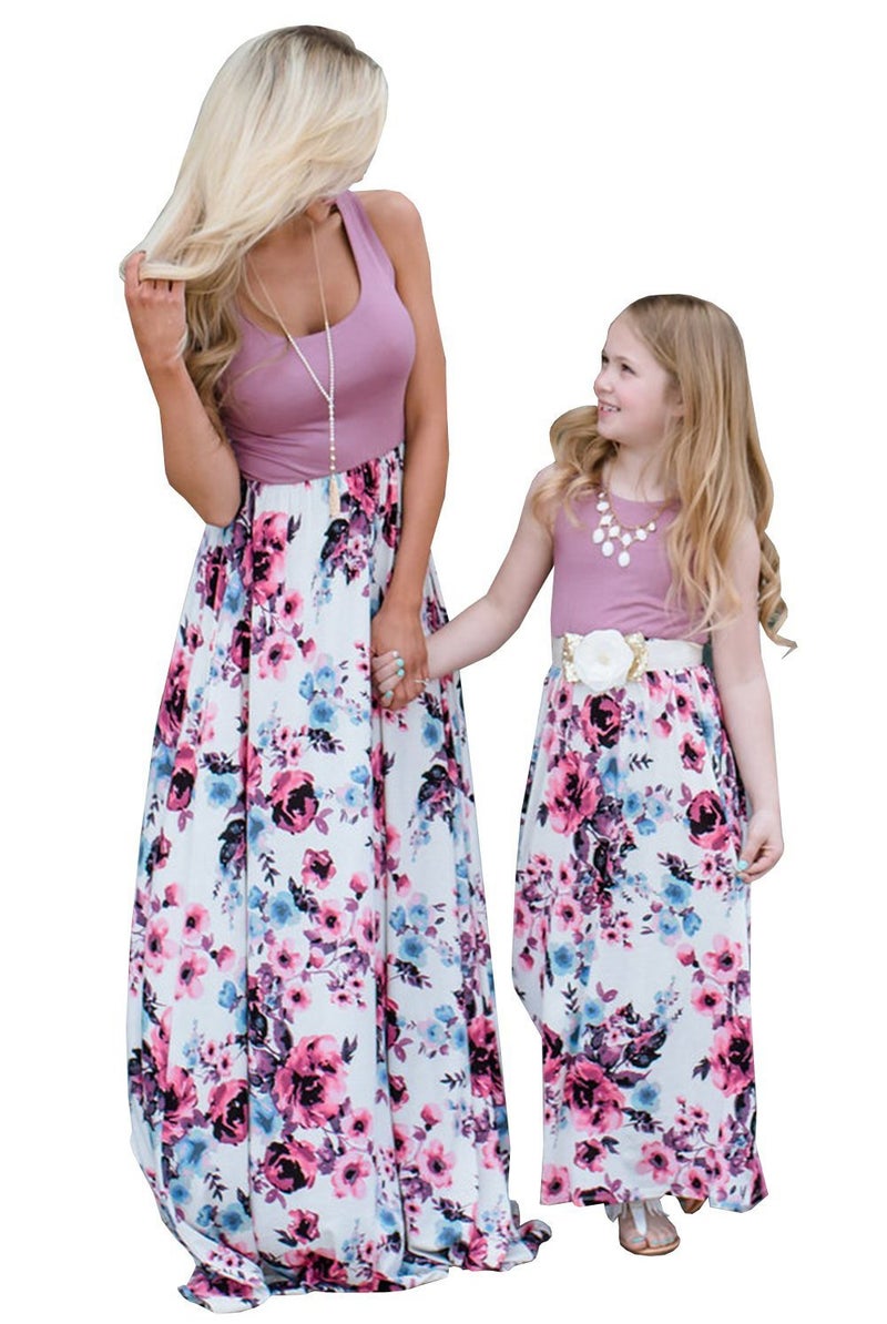 Askwind Mommy and Me Dresses Casual Floral Family Outfits Summer Matching Maxi Dress (Purple, L) - Image 1