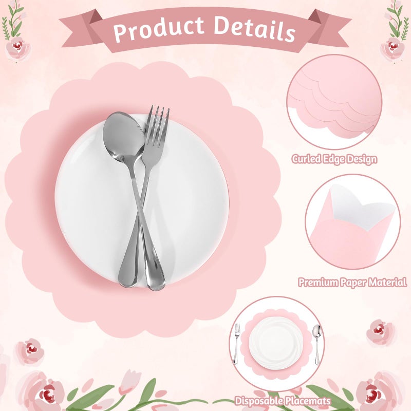 NatNarr 120 Pcs Light Pink Paper Placemats, 13.5 Inch Valentine's Day Placemat Disposable Scalloped Place Mat Round Table Place Mats for Anniversay Birthday Wedding Bridal Shower Baby Shower Banquet Tea Party - Image 4