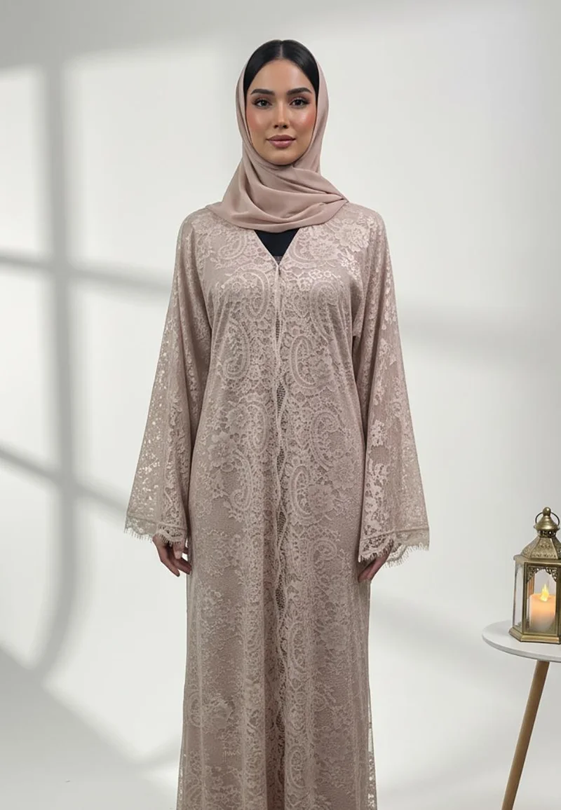 NUKHBAA  Double layer Abaya, crafted from Lace and satin layering-838 for Women | Best Price UAE