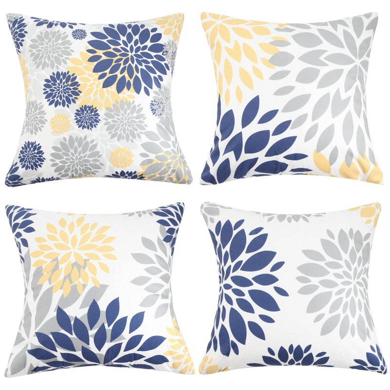 Hanrunsi 18x18 Throw Pillow Cover Blue and Yellow Decorative Velvet Pillow Cover Set of 4 Grey Flower Pillowcase for Bedroom Sofa Cushion
