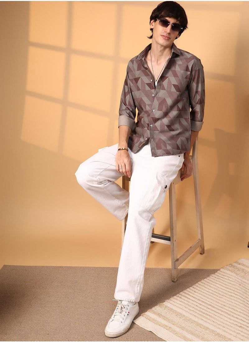 Campus Sutra - Men's Chocolate Brown Geometric Seersucker Shirt - Image 1