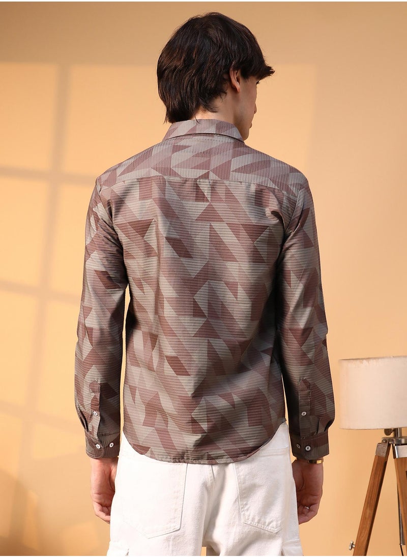 Campus Sutra - Men's Chocolate Brown Geometric Seersucker Shirt - Image 1