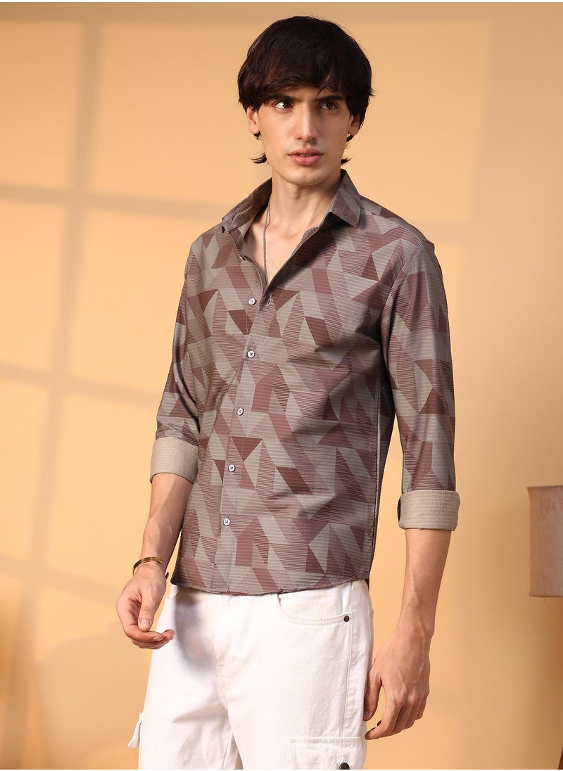 Campus Sutra - Men's Chocolate Brown Geometric Seersucker Shirt - Image 1