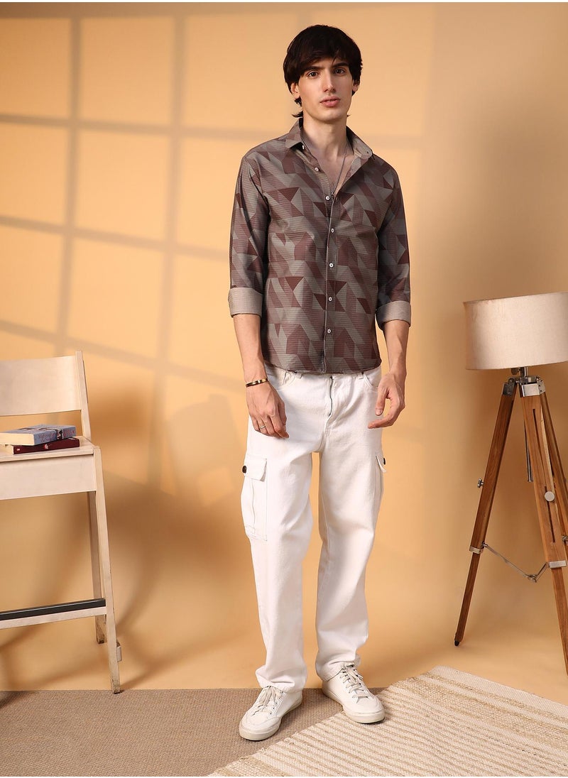 Campus Sutra - Men's Chocolate Brown Geometric Seersucker Shirt - Image 1