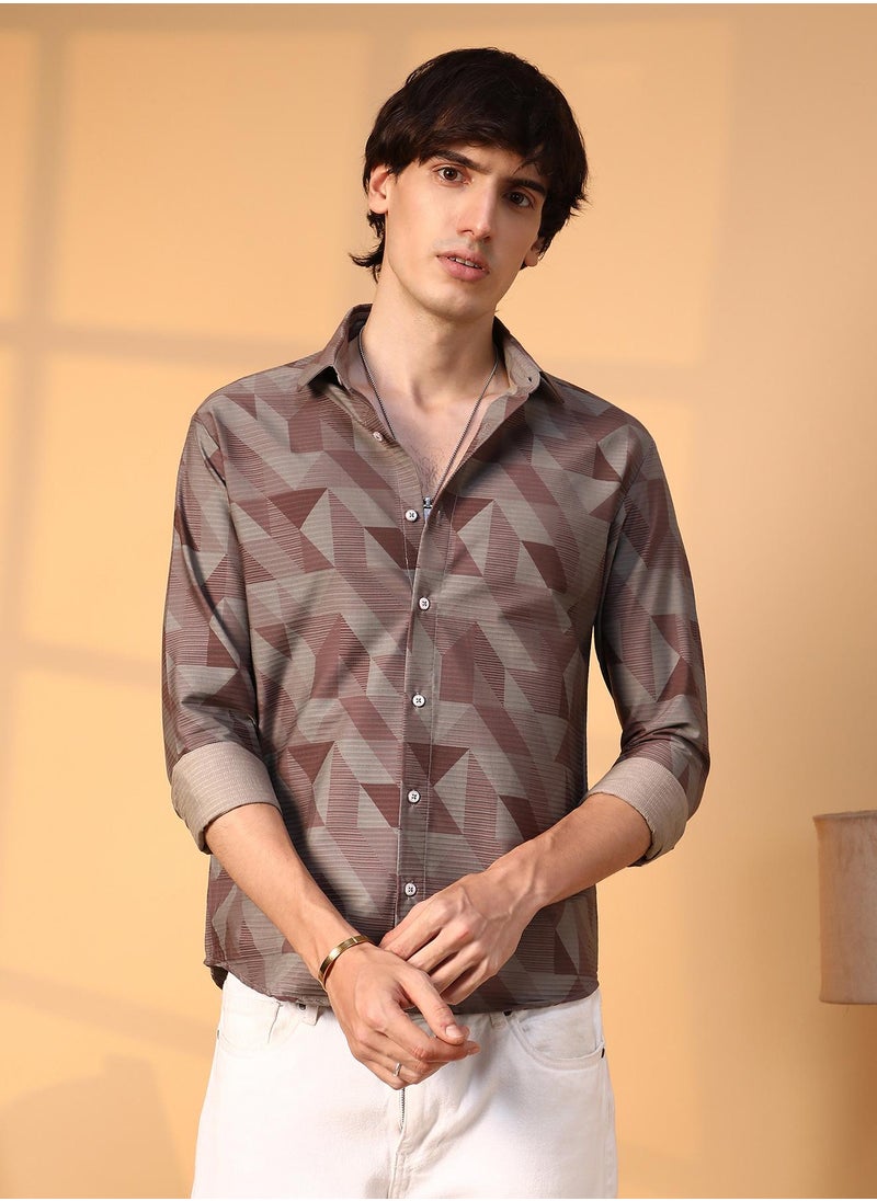 Campus Sutra - Men's Chocolate Brown Geometric Seersucker Shirt - Image 1