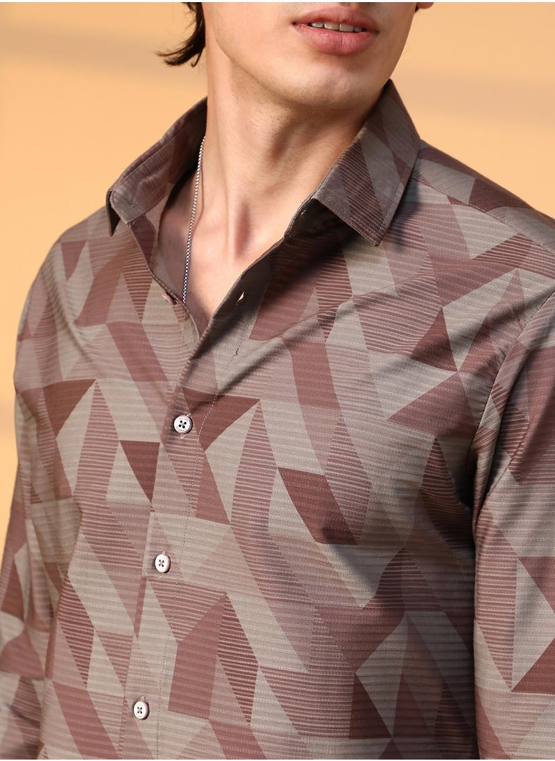 Campus Sutra - Men's Chocolate Brown Geometric Seersucker Shirt - Image 1
