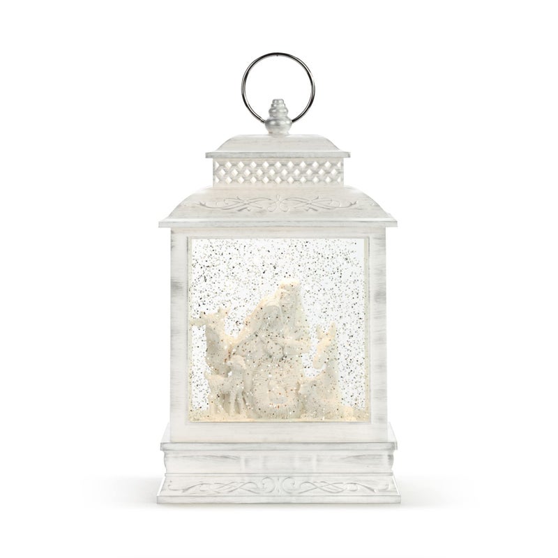 DEMDACO Distressed White Nativity LED 10 x 625 Acrylic Musical Snow Globe Christmas Lantern Plays Silent Night Away in A Manger