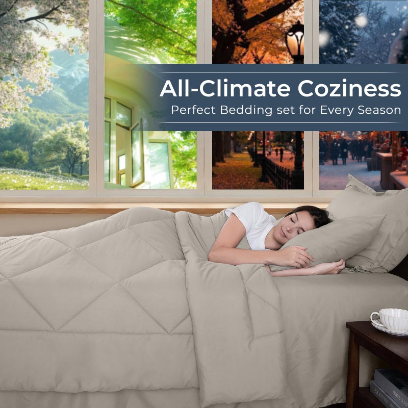 HEVUMYI Oatmeal Queen Comforter Set - 7-Piece All Season Bed in a Bag Queen, Ultra Soft Bedding Set with Comforter, Flat Sheet, Fitted Sheet, Pillowcases, Pillow Shams - Image 3