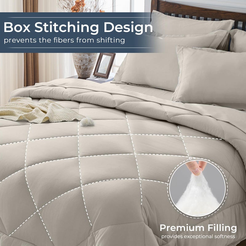HEVUMYI Oatmeal Queen Comforter Set - 7-Piece All Season Bed in a Bag Queen, Ultra Soft Bedding Set with Comforter, Flat Sheet, Fitted Sheet, Pillowcases, Pillow Shams - Image 4