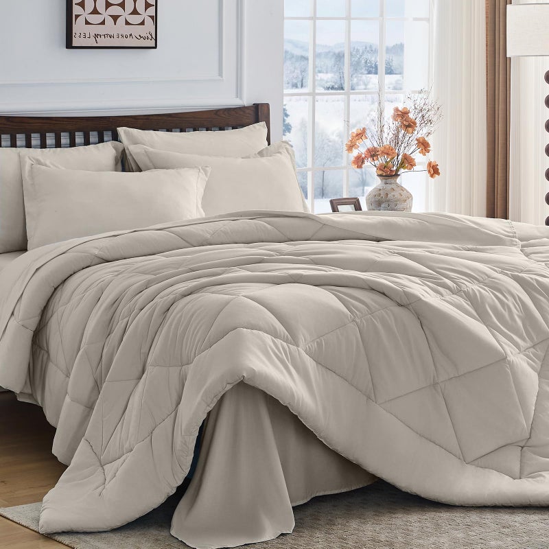 HEVUMYI Oatmeal Queen Comforter Set - 7-Piece All Season Bed in a Bag Queen, Ultra Soft Bedding Set with Comforter, Flat Sheet, Fitted Sheet, Pillowcases, Pillow Shams - Image 1
