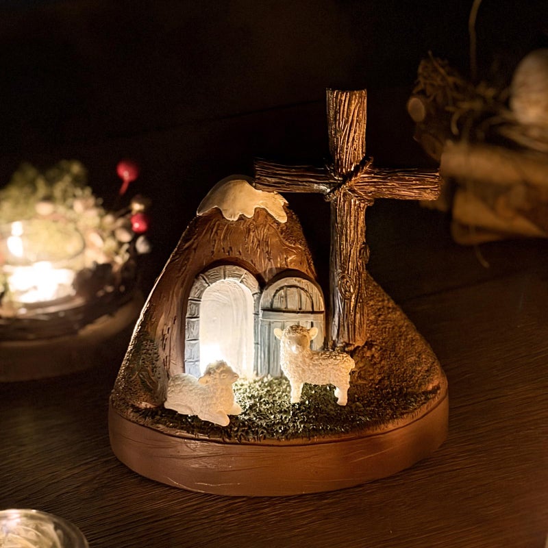 Giunn Tomb Easter Scene and Christian Cross Decoration, He is Risen Tomb Sculpture, Jesus Easter Decor, Jesus Nativity Scene Decoration for Religious Decorations, Home Office Tabletop, Shelf Decor - Image 1