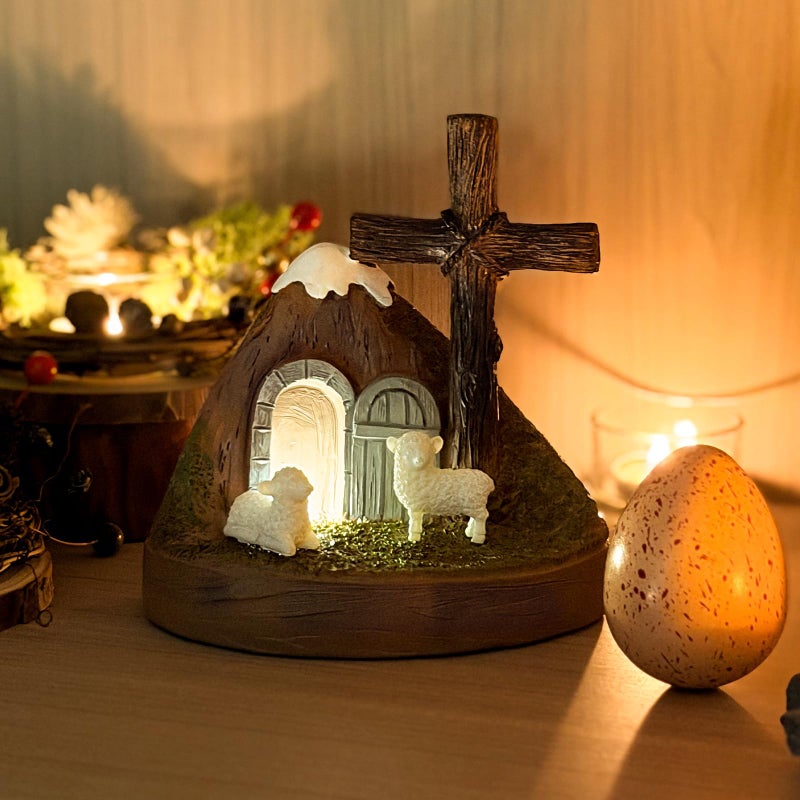 Giunn Tomb Easter Scene and Christian Cross Decoration, He is Risen Tomb Sculpture, Jesus Easter Decor, Jesus Nativity Scene Decoration for Religious Decorations, Home Office Tabletop, Shelf Decor - Image 5