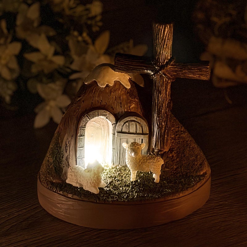 Giunn Tomb Easter Scene and Christian Cross Decoration, He is Risen Tomb Sculpture, Jesus Easter Decor, Jesus Nativity Scene Decoration for Religious Decorations, Home Office Tabletop, Shelf Decor - Image 4