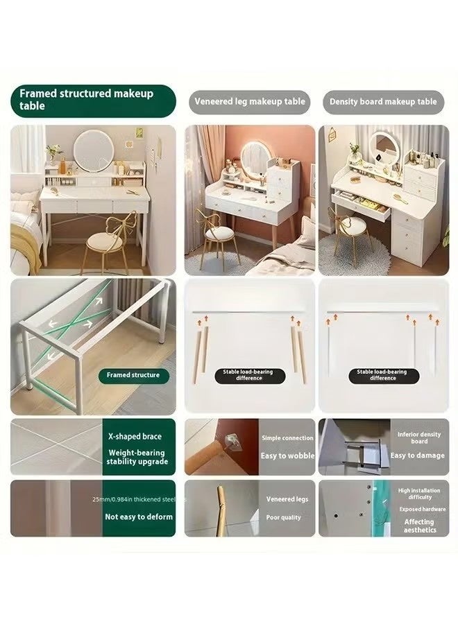 بيوينتي مكتب الغرور,طاولة الملابس بجانب السرير, مكياج الجدول مع مرآة إطار معدني طاولة الملابس مع الدرج ومستحضرات التجميل منظم الرفوف لغرفة نوم الفتاة, التجميع البسيط - Image 4