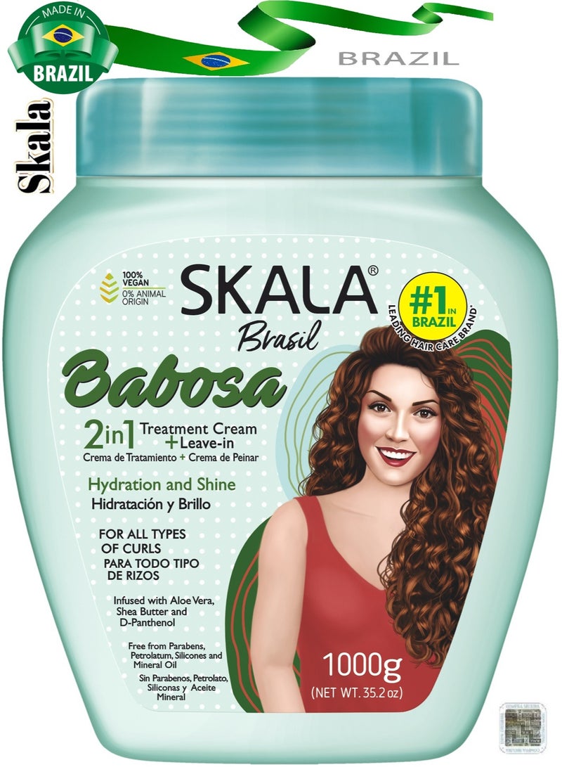 SKALA Skala Babosa (2 in 1) Treatment and Hydrates Hair Cream 1000g with Aloe Vera Extract, Shea Butter and D-Panthenol for All Types of Curly Hair 3 & 4ABC (Brazilian)  - Image 1
