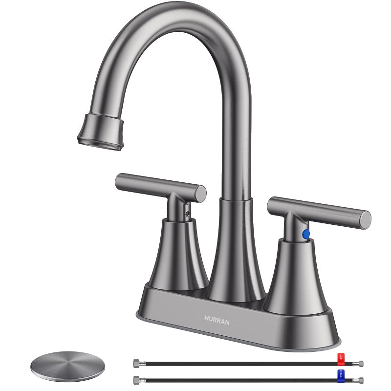 Hurran Bathroom Faucets for Sink 3 Hole, Hurran 4 inch Brushed Grey Bathroom Sink Faucet with Pop-up Drain and Supply Hoses, Stainless Steel Lead-Free Centerset Touch On Faucets for Vanity RV - Image 1