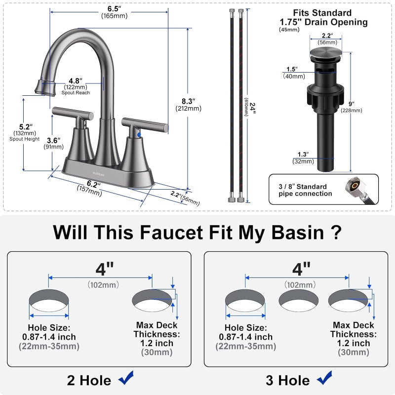 Hurran Bathroom Faucets for Sink 3 Hole, Hurran 4 inch Brushed Grey Bathroom Sink Faucet with Pop-up Drain and Supply Hoses, Stainless Steel Lead-Free Centerset Touch On Faucets for Vanity RV - Image 5