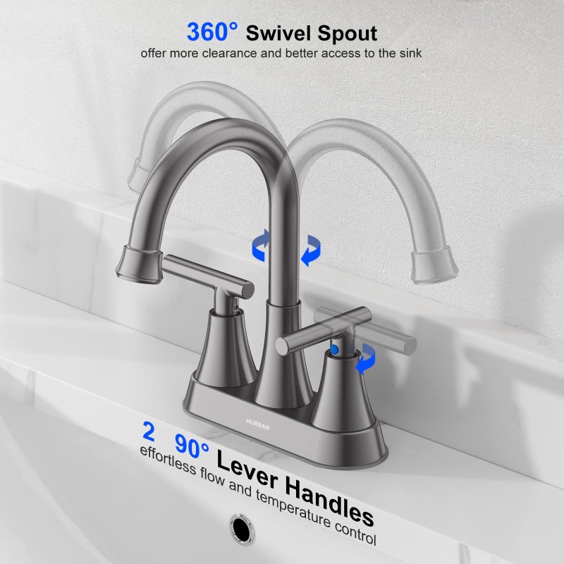 Hurran Bathroom Faucets for Sink 3 Hole, Hurran 4 inch Brushed Grey Bathroom Sink Faucet with Pop-up Drain and Supply Hoses, Stainless Steel Lead-Free Centerset Touch On Faucets for Vanity RV - Image 3