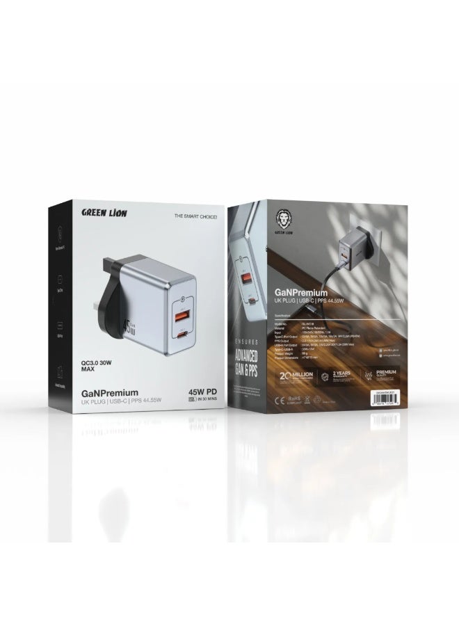 GREEN LION GaN Premium PD 45W & QC 30W UK Plug Wall Charger with USB-C & USB-A Ports / Charges up to 50% in 30 min / PPS 44.55W Power Delivery / PC Flame Retardant Material / Fast Charging / Travel Friendly - Grey - Image 4
