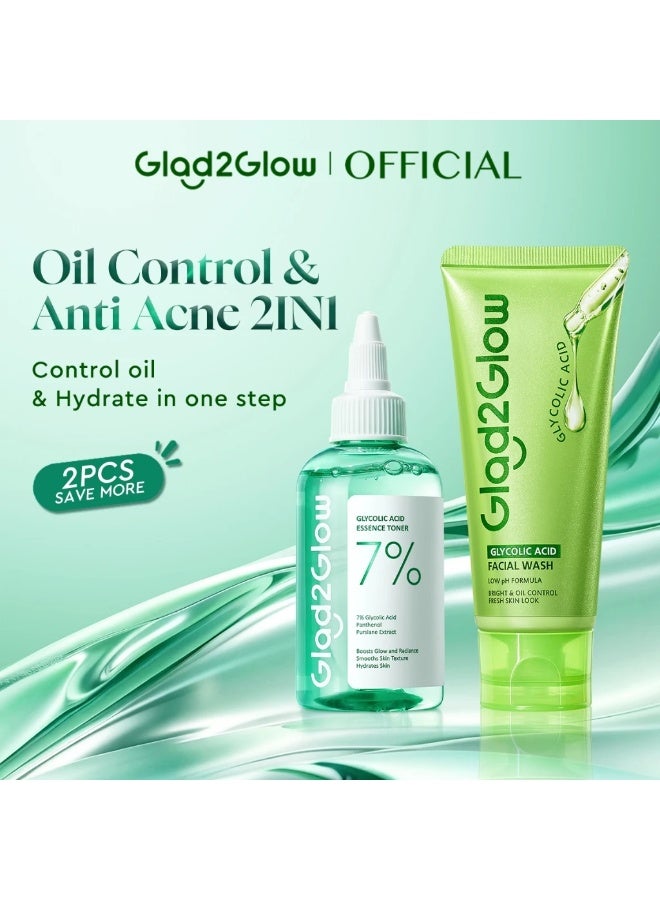 GLAD2GLOW Glycolic Oil Control Facial Wash 70ml + 7% Glycolic Acid Essence Toner – Oil Control & Skin Brightening Formula - Image 1