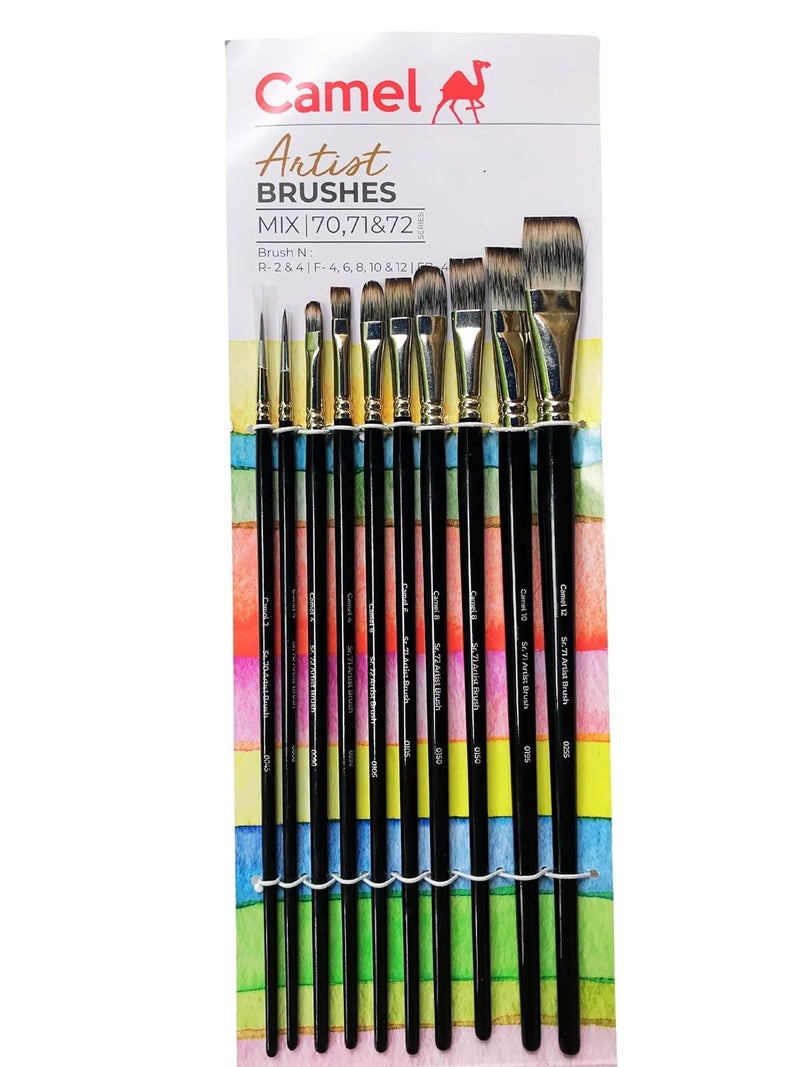 Camlin Kokuyo Artist Paint Brush Mix Series 70, 71 & 72 - Round, Flat & Filbert Synthetic taklon Long Handle, Set of 10 by Anmol Art & Frames - Image 1