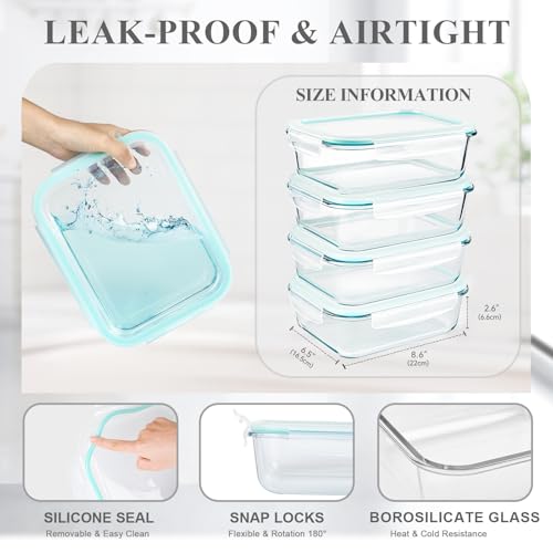 GEHE 4 Pack 52 oz Large Glass Food Storage Containers with Lids - Glass Meal Prep Containers For Baking, Storing, Airtight Lunch Container, Freezer, Dishwasher, Microwave and Oven Safe, BPA Free - Image 5