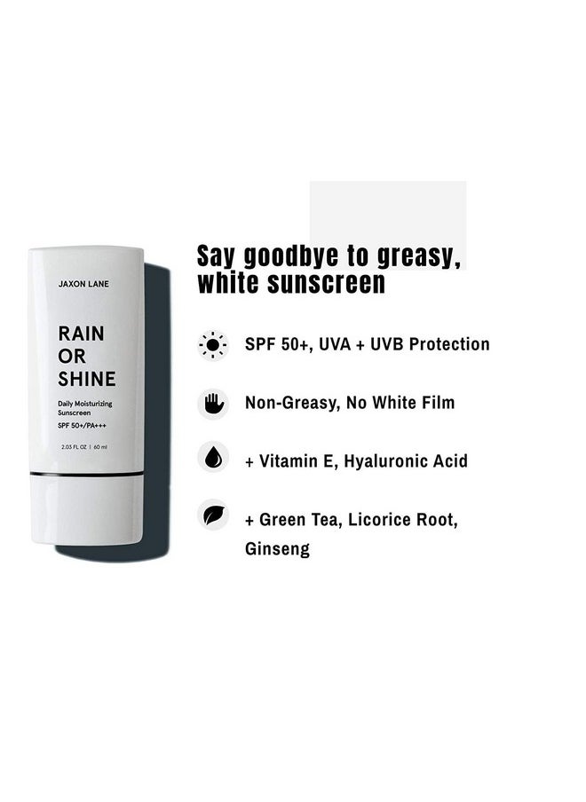 JAXON LANE - RAIN OR SHINE Anti Aging Face Sunscreen SPF 50 for Clear Skin with Green Tea, Hyaluronic Acid, Vitamin E Oil, Ginseng Extract, Licorice Root - SPF Moisturizer for Face, Fragrance Free 2.03 Oz - Image 1