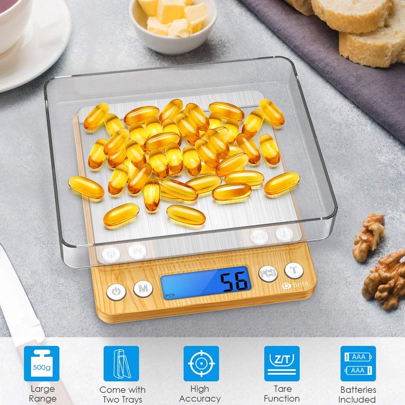 AMIR Digital Kitchen Scale, 500g Mini Pocket Jewelry Scale, Cooking Digital Food Scale with Back-Lit LCD Display, 2 Trays, 6 Units (Battery Included) - Image 2