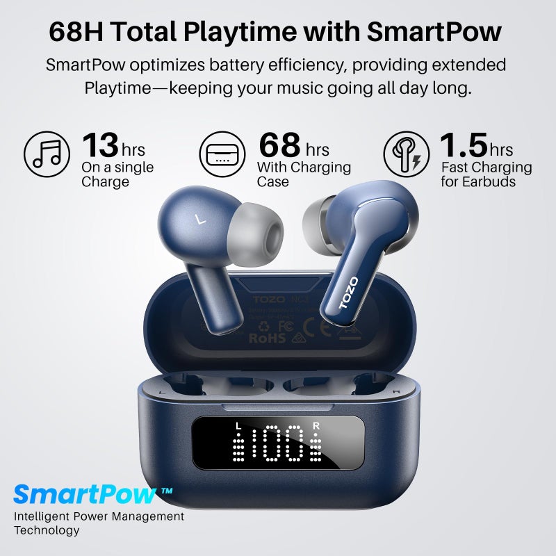 TOZO Hybrid Active Noise Cancelling Wireless Earbuds with 6 Mics AI Clear Call Ear Buds 68H Playtime with LED Display 32 Preset EQs via APP Bluetooth 5.3 IPX8 Waterproof in Ear Headphones - Image 4