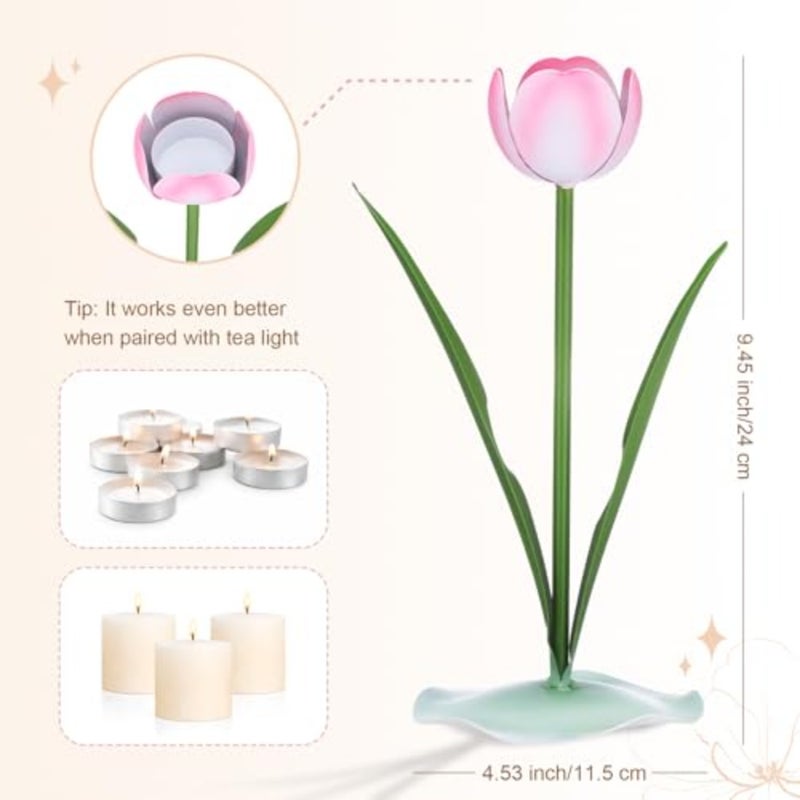 9.4 بوصة × 3 بوصة حامل شموع زهور التوليب الربيعية زهرة وردية اللون حامل عصا شموع لحامل شموع شمعدان قطع مركزية للطاولة وعطلات الزفاف وديكور الطاولة هدية الذكرى السنوية للخطوبة - Image 2