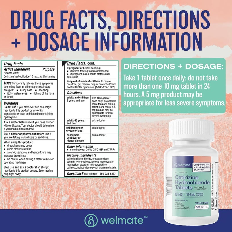 WELMATE  Allergy Relief  Cetirizine HCl 10 mg  24 Hour Antihistamine  Non Drowsy  Sneezing  Runny Nose  Itchy Eyes  Throat  Indoor  Outdoor Allergy Relief Tablets  500 Tablets - Image 5