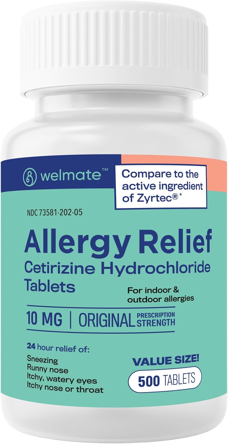 WELMATE  Allergy Relief  Cetirizine HCl 10 mg  24 Hour Antihistamine  Non Drowsy  Sneezing  Runny Nose  Itchy Eyes  Throat  Indoor  Outdoor Allergy Relief Tablets  500 Tablets - Image 1