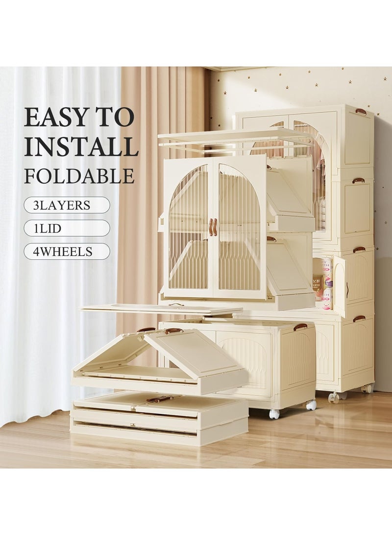 خزانة ملابس أطفال محمولة بعجلات، منظم تخزين ملابس الأطفال قابل للطي، خزانة تخزين خزانة ملابس الأطفال مع قضيب تعليق وأبواب لغرفة النوم وغرفة المعيشة - Image 4