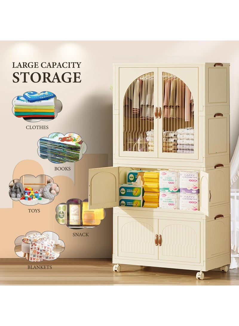 خزانة ملابس أطفال محمولة بعجلات، منظم تخزين ملابس الأطفال قابل للطي، خزانة تخزين خزانة ملابس الأطفال مع قضيب تعليق وأبواب لغرفة النوم وغرفة المعيشة - Image 3