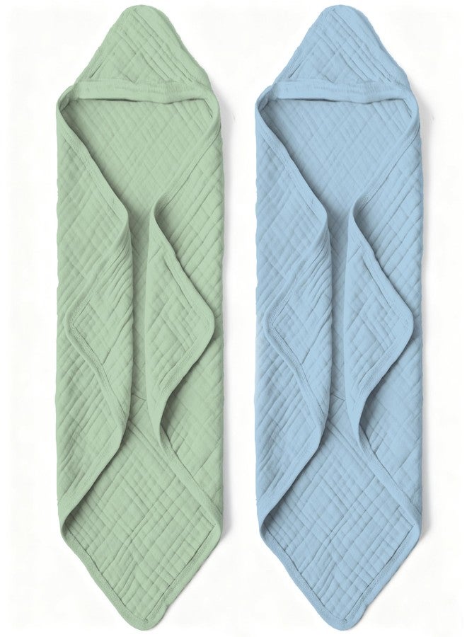 Bear Rocket Organic Muslin Hooded Baby Bath Towels - 2 Pack 100% Organic Cotton Towel for Babies, Infants, Toddlers - 32x32Inch - Highly Absorbent and Newborn Essential(Blue Green) - Image 1
