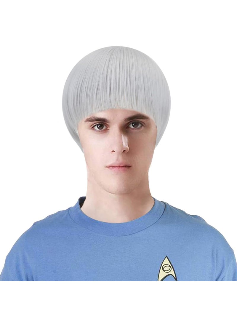 Party Zone PARTY ZONE Short White Luffy Cosplay Wig-80s Outfit For Men Old Man Movie Party Halloween Vector Costume Wig Synthetic Bowl Cut Mushroom Hair Anime Wigs (White) 