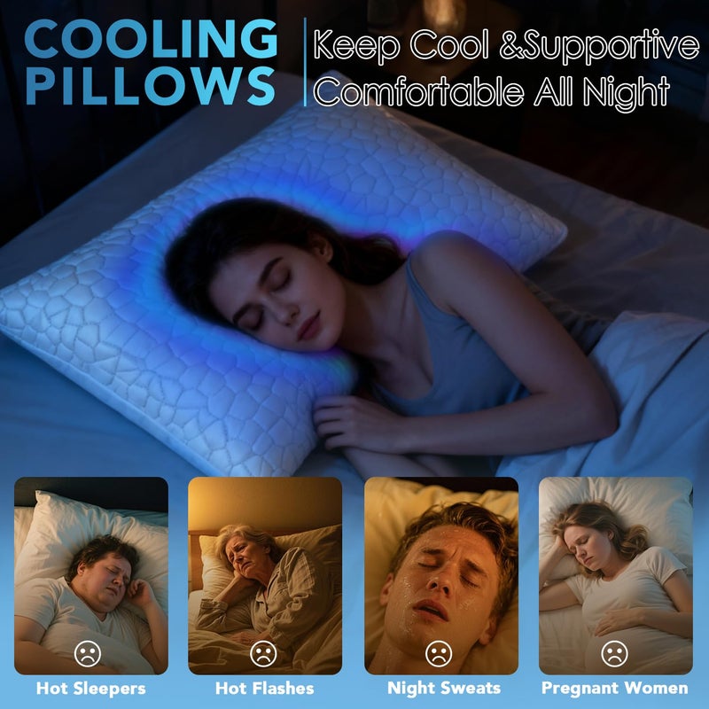 QUTOOL Cooling Pillow for Sleeping, CertiPUR-US Shredded Memory Foam King Pillows Set of 2, Cool Pillow for Hot Sleepers Adjustable Firm Pillow for Side, Back, Stomach Sleepers Soft Yet Support, White - Image 3