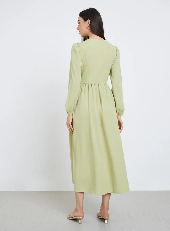 Styli Green A-Line Midi Dress with Long Sleeves