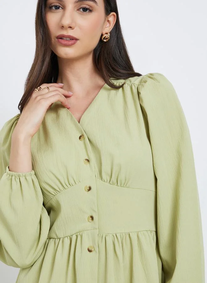 Styli Green A-Line Midi Dress with Long Sleeves