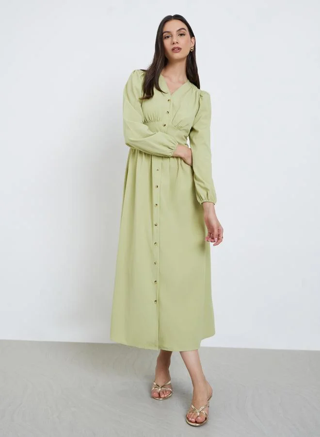 Styli Green A-Line Midi Dress with Long Sleeves