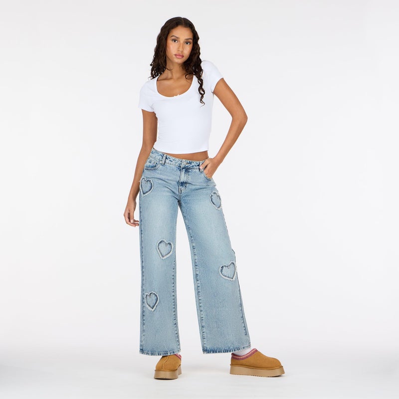 Forever 21 Womenâ€™s Low Waist Wide Leg Denim Jeans with Heart Patch Details, Color- Blue, Size- 2 - Image 2