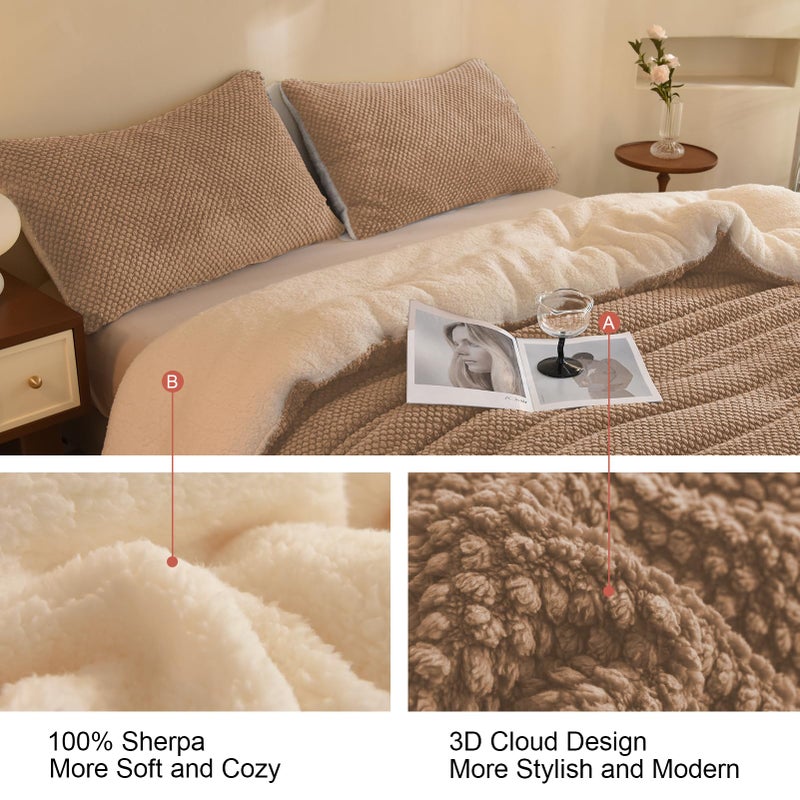 LLanCL 3D Jacquard Design Comforter Set, Luxury Cozy Sherpa Fur Plush 3-Pieces Ultra-Soft Warm Sets Bedding with 2 Pillowcases (Queen Size 90"x90", Beige) - Image 4