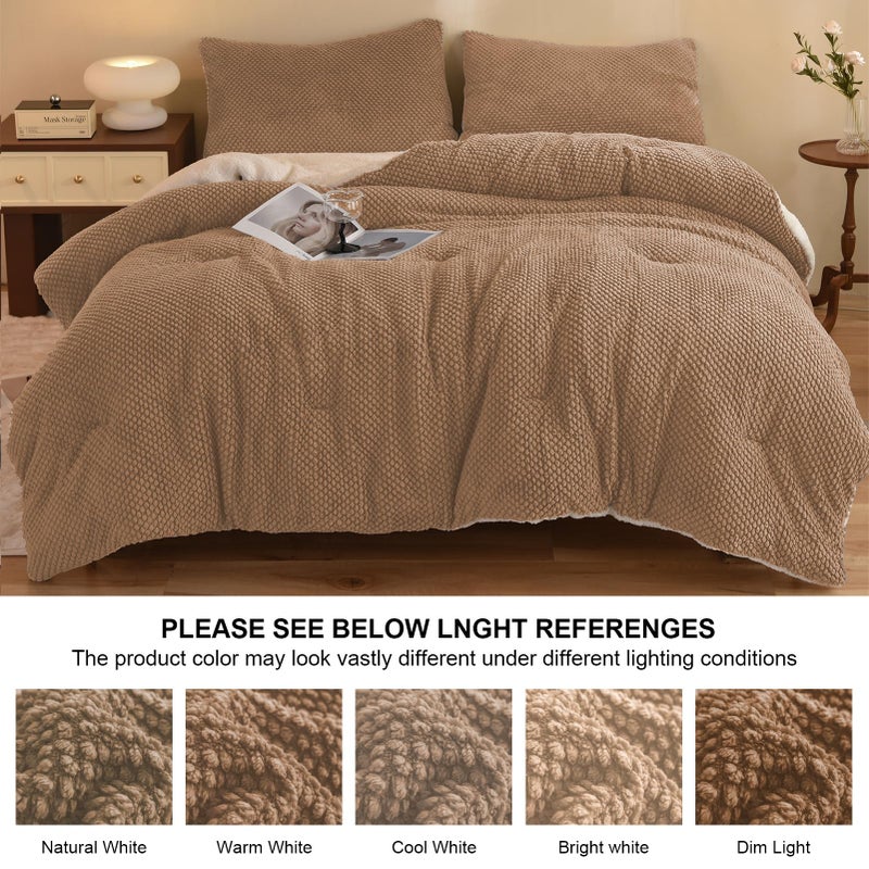 LLanCL 3D Jacquard Design Comforter Set, Luxury Cozy Sherpa Fur Plush 3-Pieces Ultra-Soft Warm Sets Bedding with 2 Pillowcases (Queen Size 90"x90", Beige) - Image 5