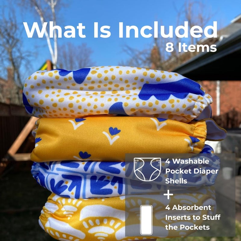 Nora's Nursery Cloth Pocket Diapers 4 Pack with 4 Inserts - Waterproof Cover, Washable, Reusable & One Size Adjustable Pocket Diapers for Newborns and Toddlers - Sicilian Summer - Image 2