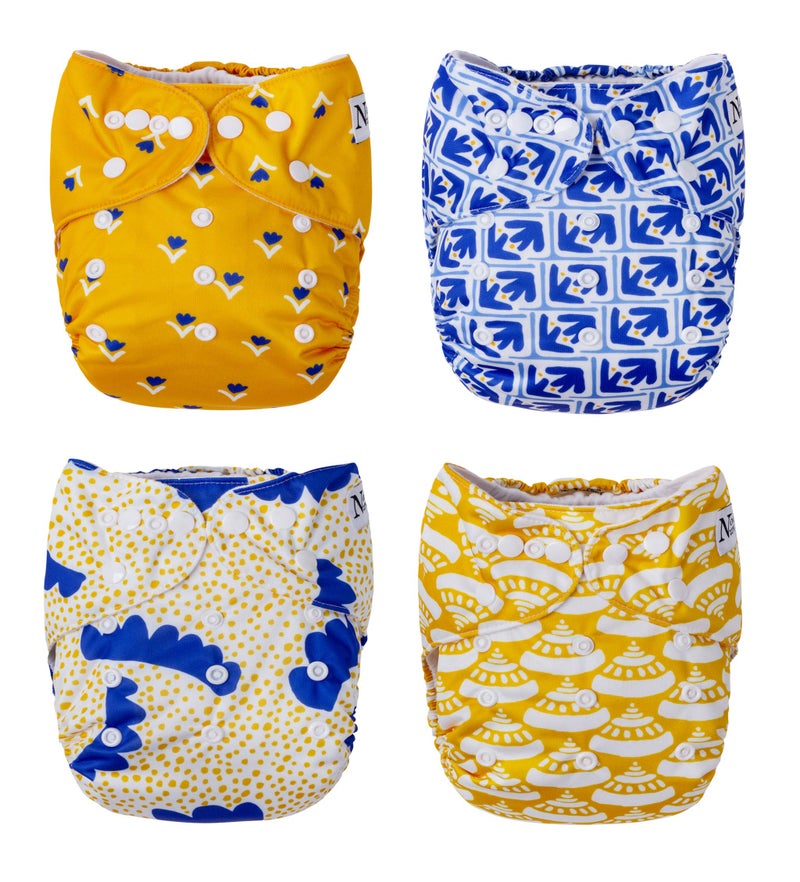 Nora's Nursery Cloth Pocket Diapers 4 Pack with 4 Inserts - Waterproof Cover, Washable, Reusable & One Size Adjustable Pocket Diapers for Newborns and Toddlers - Sicilian Summer - Image 1