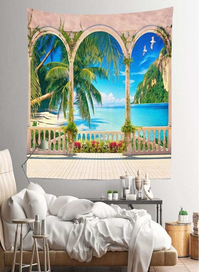Loccor Tropical Beach Palm Tree Tapestry Balcony Window Seascape Landscape Wall Hanging Summer Seaside Paradise Wall Hanging Home Decor for Bedroom Living Room W106 x H70 inches - Image 4
