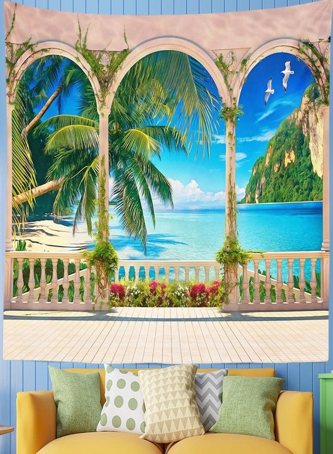 Loccor Tropical Beach Palm Tree Tapestry Balcony Window Seascape Landscape Wall Hanging Summer Seaside Paradise Wall Hanging Home Decor for Bedroom Living Room W106 x H70 inches - Image 1