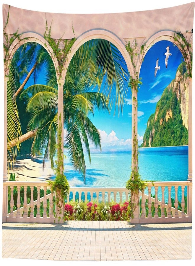Loccor Tropical Beach Palm Tree Tapestry Balcony Window Seascape Landscape Wall Hanging Summer Seaside Paradise Wall Hanging Home Decor for Bedroom Living Room W106 x H70 inches - Image 3