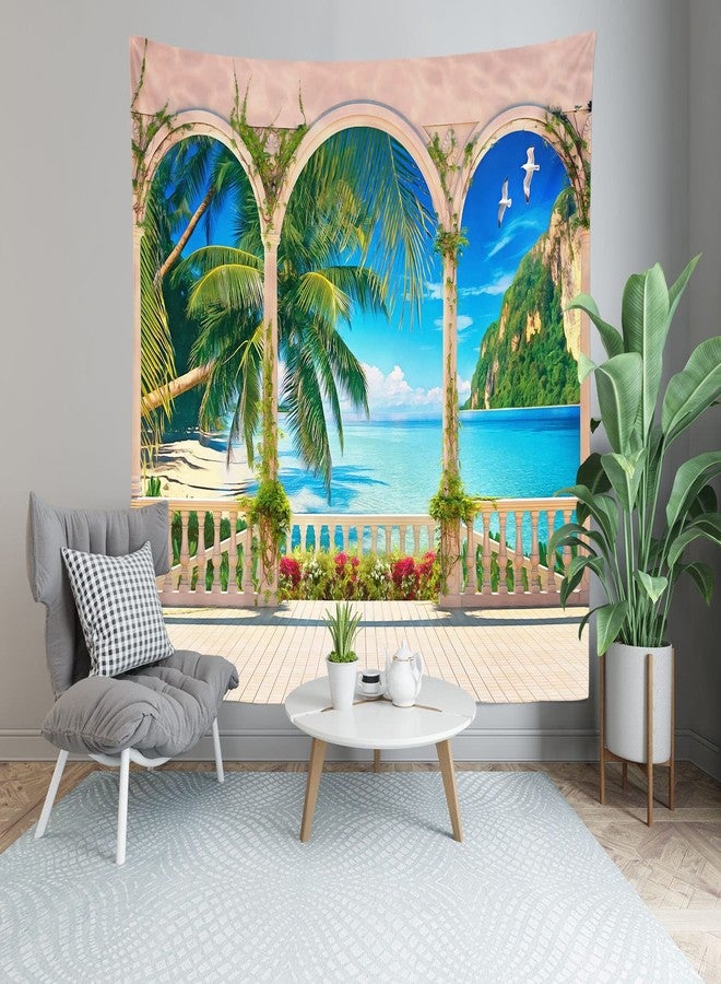 Loccor Tropical Beach Palm Tree Tapestry Balcony Window Seascape Landscape Wall Hanging Summer Seaside Paradise Wall Hanging Home Decor for Bedroom Living Room W106 x H70 inches - Image 5